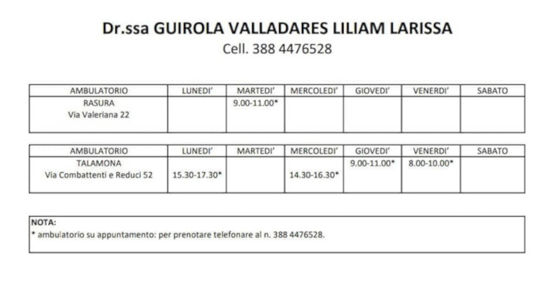 Orari ambulatorio Dott.ssa Guirola Valladares