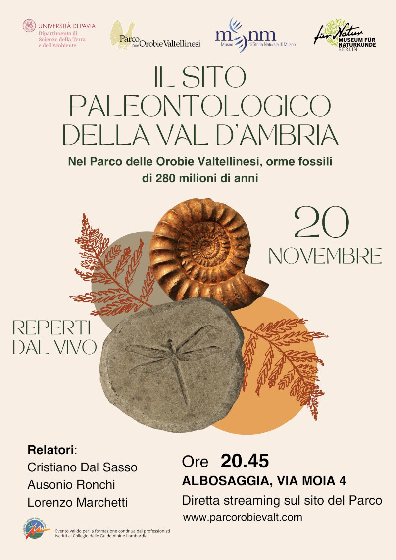 Locandina sito paleontologico Valle d'Ambria Parco delle Orobie Valtellinesi